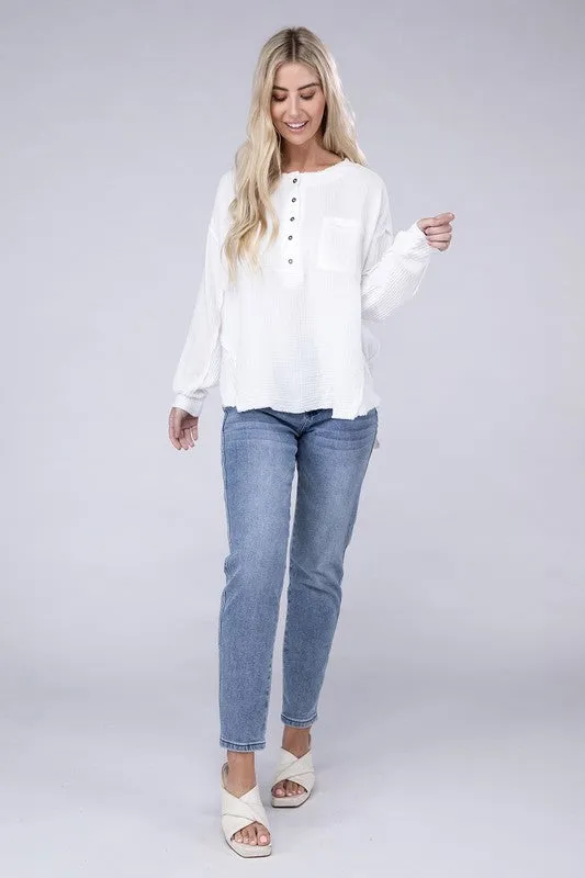 Zenana Double Gauze Oversized 3/4 Button Henley Neck Top