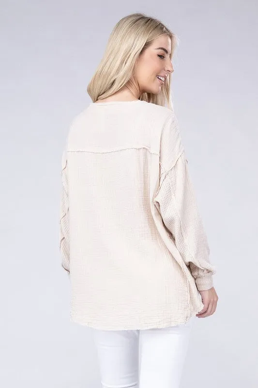 Zenana Double Gauze Oversized 3/4 Button Henley Neck Top