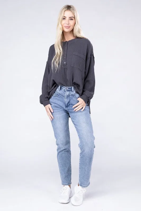Zenana Double Gauze Oversized 3/4 Button Henley Neck Top