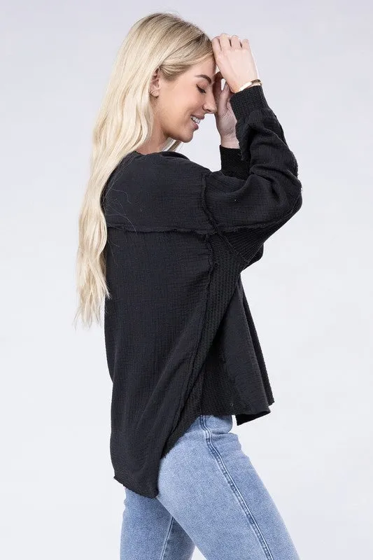 Zenana Double Gauze Oversized 3/4 Button Henley Neck Top