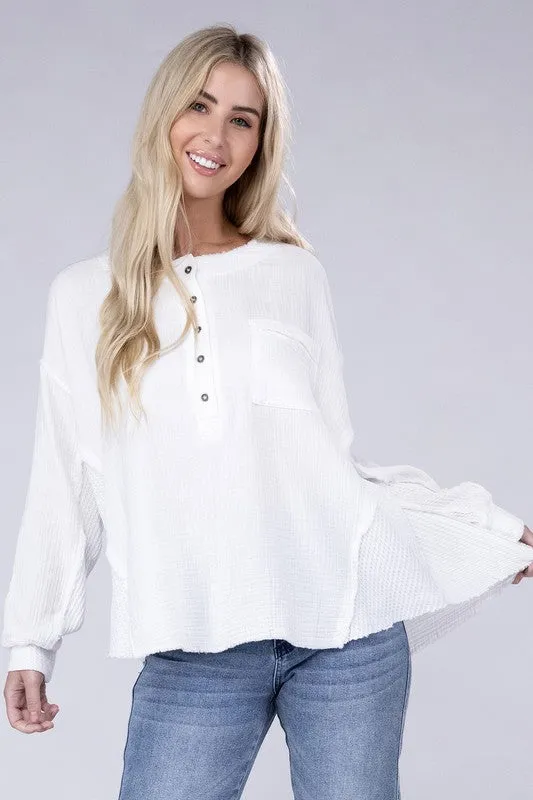 Zenana Double Gauze Oversized 3/4 Button Henley Neck Top