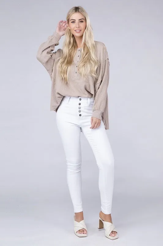 Zenana Double Gauze Oversized 3/4 Button Henley Neck Top