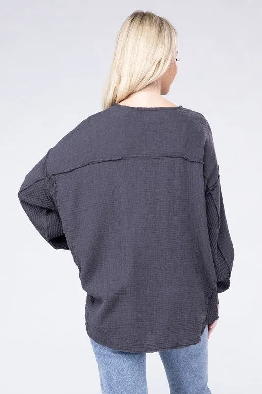 Zenana Double Gauze Oversized 3/4 Button Henley Neck Top