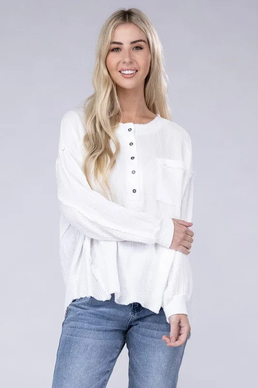 Zenana Double Gauze Oversized 3/4 Button Henley Neck Top