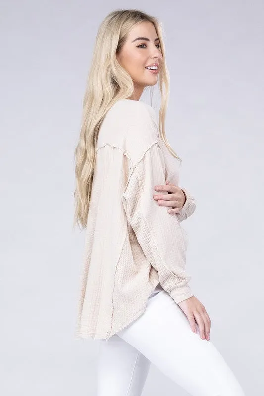 Zenana Double Gauze Oversized 3/4 Button Henley Neck Top